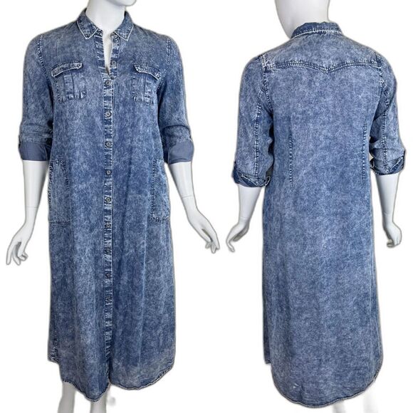 Soft Surroundings Women's Size Petite XL Tencel Acid Wash Maxi Shirt Denim Dress - Picture 1 of 17